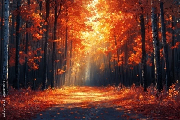 Fototapeta forest path covered with fallen autumn leaves, golden sunlight filtering through tall trees, deep natural colors, crisp textures