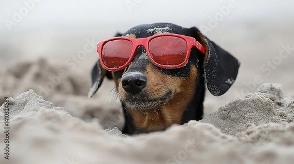 Fototapeta Black and tan dachshund in red sunglasses buried in sand, enjoying summer vibes by the ocean.