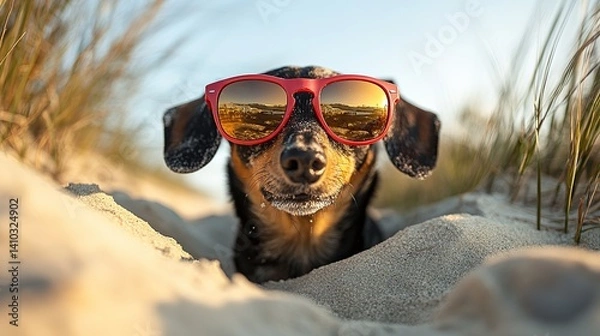 Fototapeta Black and tan dachshund in red sunglasses buried in sand, enjoying summer vibes by the ocean.
