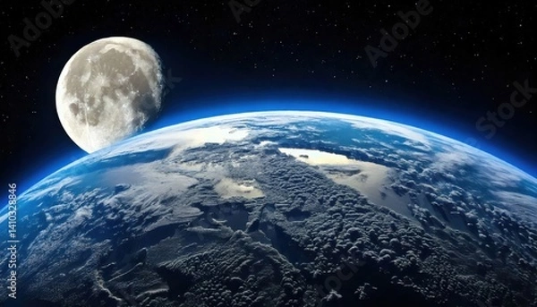 Obraz A high-definition space view of the Moon appearing above Earth, showcasing dramatic cloud formations and the planet glowing atmosphere.