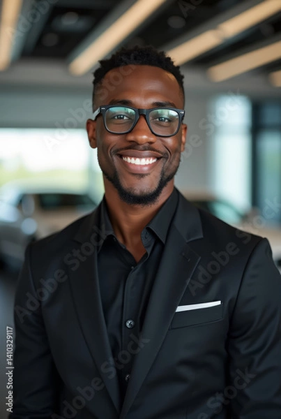 Obraz Black Man in Chic Black Suit with Premium Car Dealership in the Background - Vibrant Close-Up
