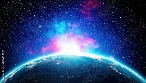 Obraz A breathtaking view of Earth from space with vibrant pink and blue nebula clouds glowing above the planet curved horizon.