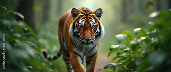 Obraz A Tiger Walking Slowly Through Lush Green Jungle