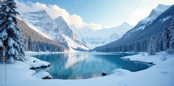 Fototapeta A frozen lake surrounded by snow-covered mountains and trees in a serene winter wonderland, peaceful, mountain, landscape