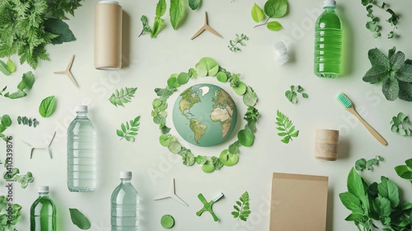 Fototapeta A creative flat lay showcasing geco-friendly objects on a white surface: reusable water bottles, bamboo toothbrush, recycled paper, and small green plants. In the center is a cut-out paper Earth surro