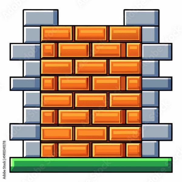 Obraz  Illustration of a Brick Wall with Stone Columns and Green Base