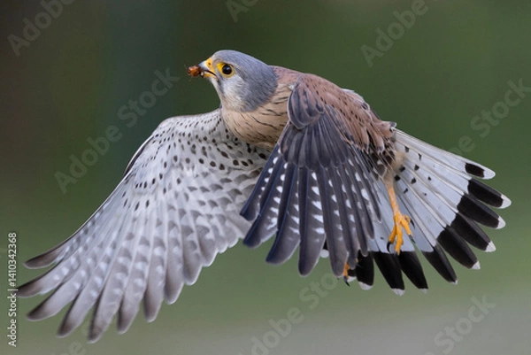 Fototapeta A Common kestrel, Falco tinnunculus, hunts insects o a field of fresh green grass in spring season.