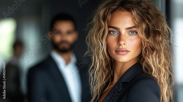 Fototapeta Multiethnic professionals in formal attire, exuding confidence and teamwork in a modern office setting.