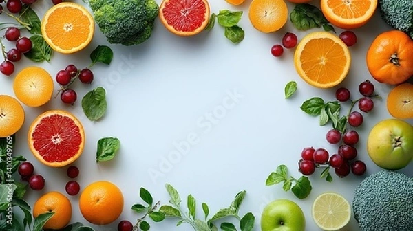 Fototapeta Rainbow-colored fruits and vegetables in a circular pattern, symbolizing vibrant health and natural diversity.