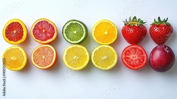 Fototapeta Rainbow-colored fruits and vegetables in a circular pattern, symbolizing vibrant health and natural diversity.