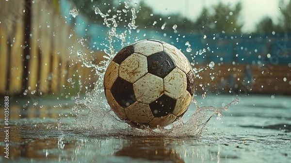 Fototapeta Soccer ball mid-kick with splashing water droplets, capturing dynamic energy and motion.