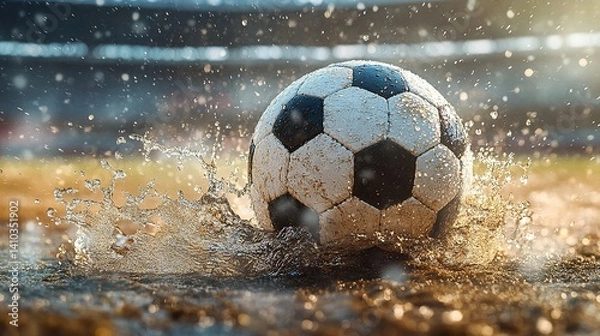 Fototapeta Soccer ball mid-kick with splashing water droplets, capturing dynamic energy and motion.