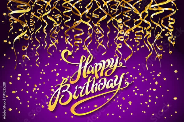 Fototapeta vector purple party background. Happy Birthday Celebration Design, Vector gold confetti Elements, Greeting Card Template Violet Colors