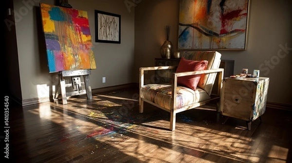 Fototapeta Sun-drenched artist's studio with vibrant art