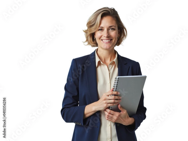 Fototapeta Business portrait isolated on white transparent background: A confident businesswoman with shoulder-length blonde hair smiles while holding a notebook and tablet in a professional setting.