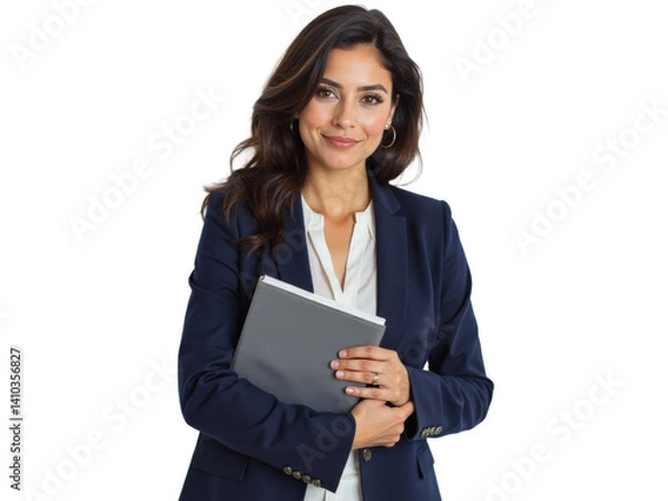 Fototapeta Business portrait isolated on white transparent background: A confident woman with dark hair and warm eyes smiles gently while holding a tablet and leaning against a plain white wall, dressed in a p
