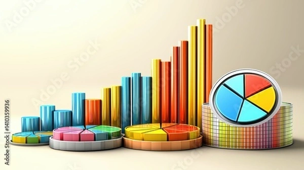 Fototapeta A vibrant collection of colorful 3D bar graphs and pie charts illustrate data growth and financial success showcasing a powerful visual representation of market trends and