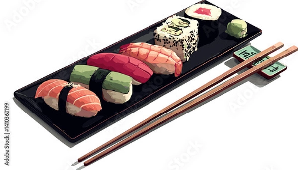 Fototapeta Vector illustration of sushi assortment on a rectangular black plate with chopsticks. Vibrant food art featuring traditional Japanese pieces and dipping sauce