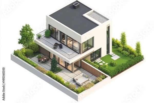 Fototapeta Modern two-story house with patio and garden.  Features open floorplan, balconies, and outdoor living areas