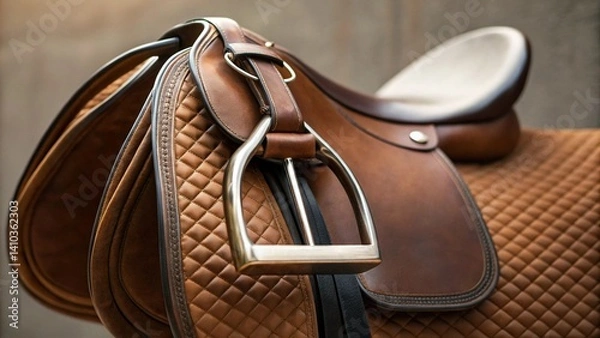 Fototapeta This image captures the craftsmanship of a brown leather horse saddle, highlighting its texture and design, complete with polished silver stirrups and a comfortable brown quilted pad
