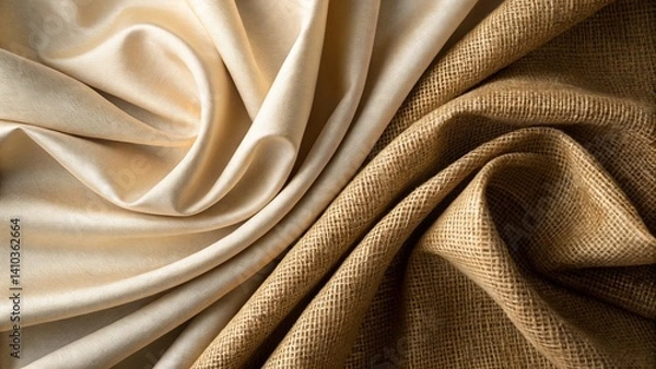 Fototapeta A close-up shows a luxurious light beige satin fabric with soft, flowing folds next to a textured, light brown linen or burlap material with visible weave