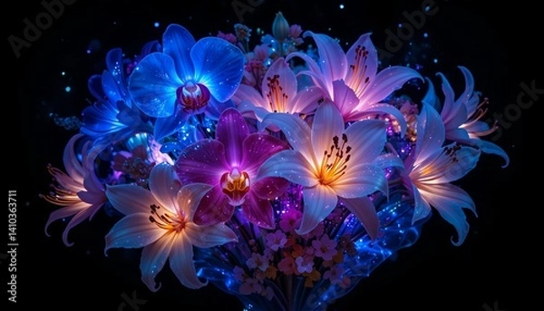 Fototapeta Glowing enchanted bouquet with luminous purple and blue flowers, ethereal light effects on petals, dark magical background with sparkling bokeh, fantasy floral arrangement, AI-generated  