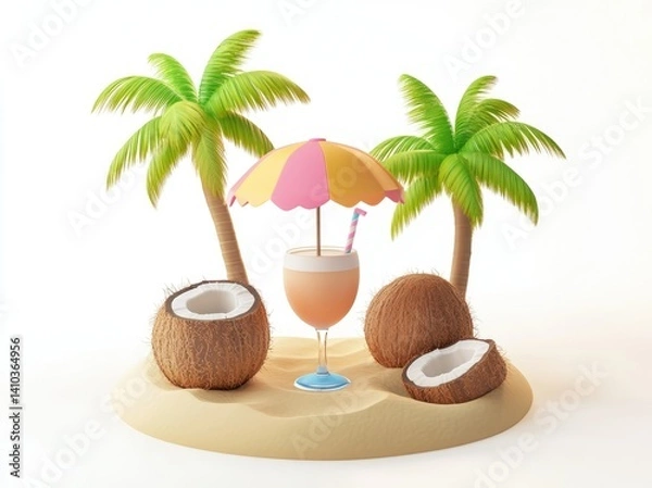 Obraz Tropical Beach 3D Scene with Coconut Drink, Palm Trees, and Umbrella  Summer Vacation Concept

