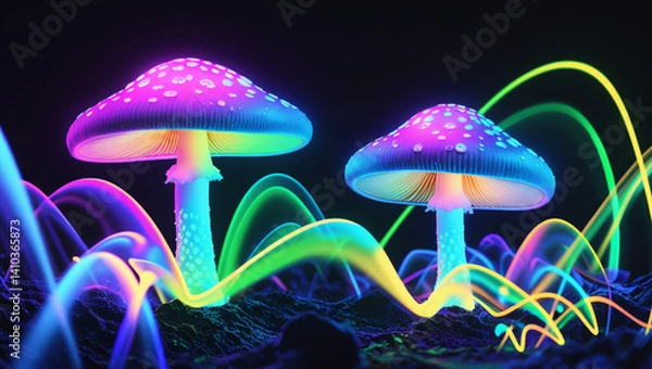 Fototapeta This image features two large, glowing mushrooms with purple caps adorned with white spots. 