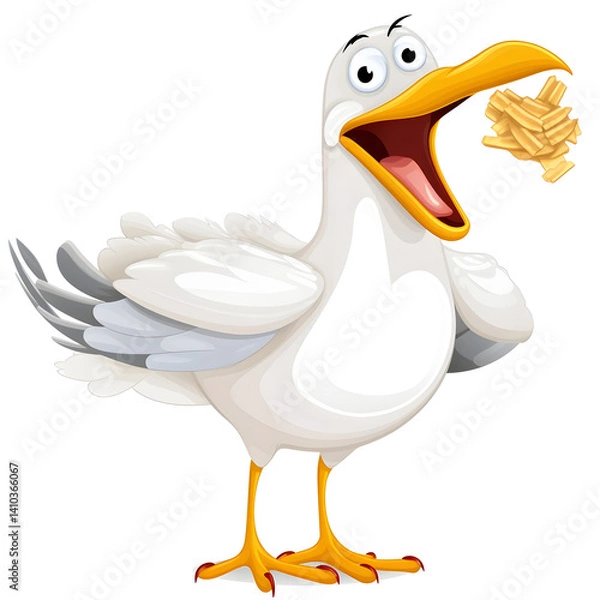 Fototapeta funny seagull with a french fry in its beak silly expression cartoon clip art white background