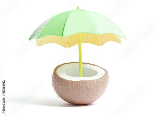 Obraz Cute Cartoon Beach Scene 3D Icon – Tropical Island with Coconut, Palm Trees, and Umbrella

