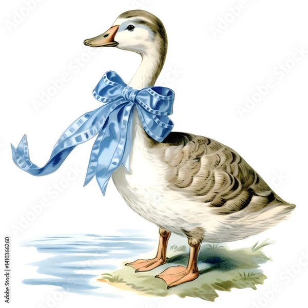 Obraz goose with bonnet and blue ribbon around its neck vintage storybook illustration white background
