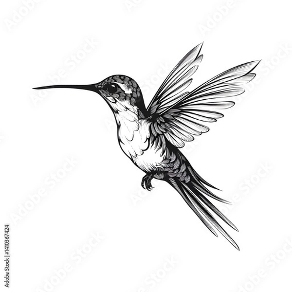Fototapeta hummingbird silhouette with wings spread flying minimal black line vector clipart white background