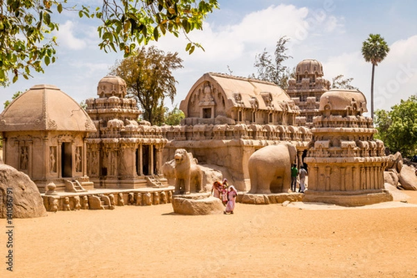 Obraz Ancient Hindu Monolitic, Pancha Rathas - Five Rathas, Mahabalipuram, Tamil Nadu, Indie