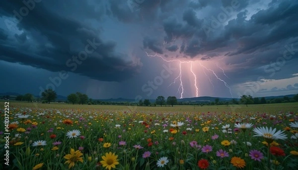 Obraz Spring thunderstorms, a dramatic spring thunderstorm over a flowering country meadow.