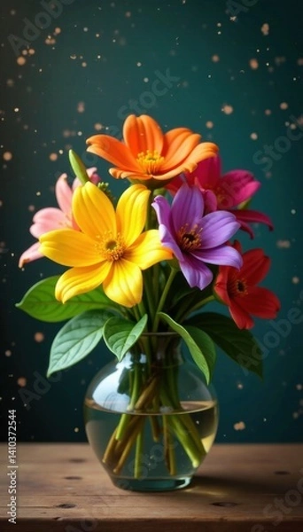 Fototapeta Colorful blooms on wooden base, vibrant flowers spinning, nature, garden, wheel