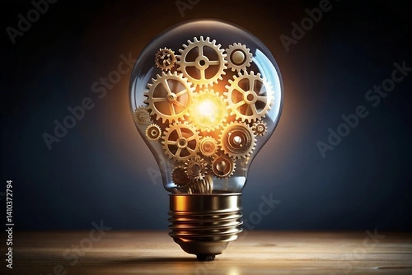 Obraz Glowing Light bulb with Interlocking Gears - Innovation and Execution