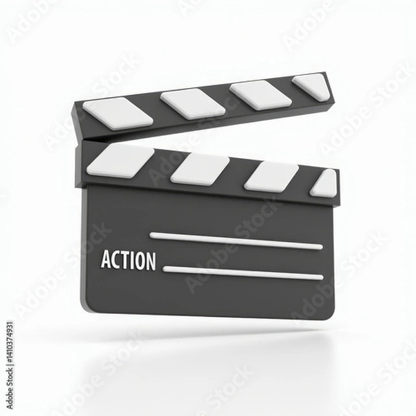 Fototapeta Rendered Movie Clapperboard with White Stripes and Action Slate Floating in Air 3D