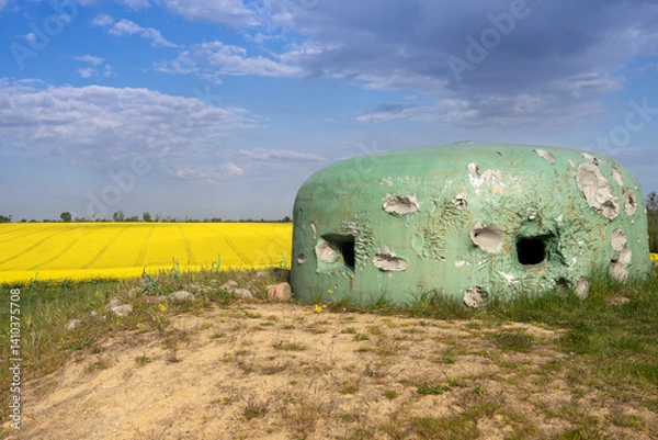 Obraz Potężna stalowa kopuła poniemieckiego bunkra na tle kwitnącego żółtego rzepaku i niebieskiego nieba