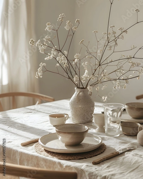 Fototapeta Serene Table Setting: A captivating table setting showcases a delicate balance of rustic charm and minimalist elegance, featuring a beautiful vase with delicate flower arrangements.