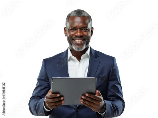 Obraz Business portrait isolated on white transparent background: A confident Black man in a navy suit smiles warmly while holding a tablet and looking directly at the viewer.