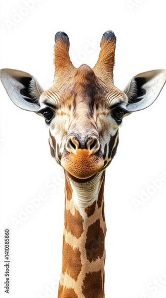 Fototapeta Giraffe with distinctive markings gazes curiously at the viewer in a bright, minimalist setting