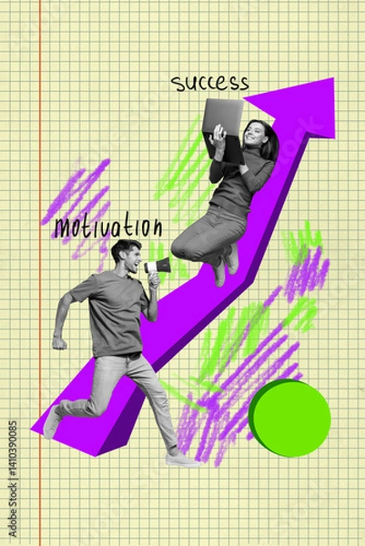 Fototapeta Creative banner collage of two people man run scream megaphone girl use netbook working arrow tyellow background