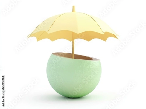 Obraz Cute Cartoon Beach Scene 3D Icon – Tropical Island with Coconut, Palm Trees, and Umbrella
