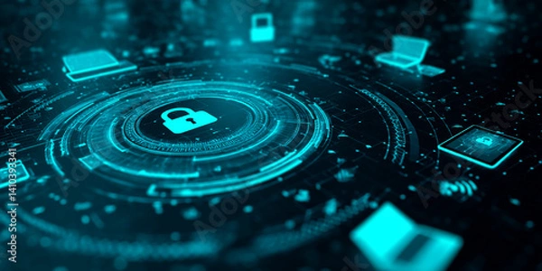 Fototapeta Abstract cyan digital interface showcasing a central padlock icon within concentric circles, symbolizing data security and network protection