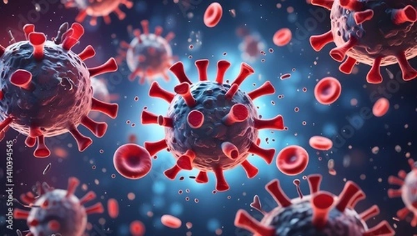 Fototapeta Virus and Blood Cell Interaction Under Microscope in 3D