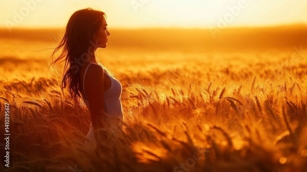 Fototapeta A young woman embracing the warm sunrise in a serene golden wheat field, capturing tranquility
