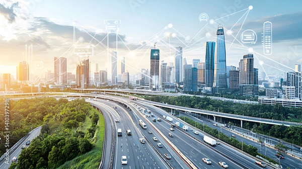 Fototapeta stunning AI-powered car navigating a smart city, with sensors and algorithms controlling its movement 