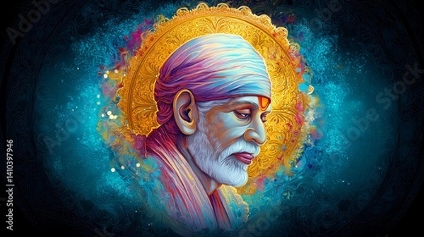 Obraz Spiritual Side Portrait of Sai Baba of Shirdi With Radiant Golden Halo, Symbolizing Peace, Enlightenment, and Sacred Devotion