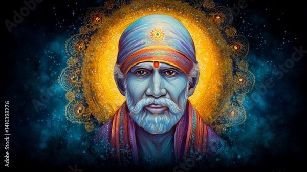 Obraz Front-Facing Digital Portrait of Sai Baba of Shirdi With Glowing Halo, Symbolizing Inner Peace, Divine Grace, and Spiritual Wisdom