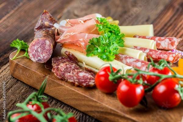 Obraz Brettljausn - Sausage and Cheese Plate - Snack